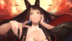 Rule 34 | 1girl, aircraft, airplane, akagi (azur lane), animal ears, azur lane, breasts, brown hair, cleavage, cloud, cloudy sky, crazy eyes, crazy smile, floating hair, hand on own cheek, hand on own face, highres, jewelry, kitsune, large breasts, long hair, long sleeves, looking at viewer, ornate ring, red eyes, red sky, ring, sky, smile, solo, upper body, very long hair, wedding ring, wide sleeves, yandere, yohia