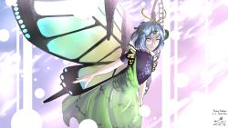 Rule 34 | 1girl, absurdres, antennae, bad id, bad pixiv id, blue hair, breasts, bright background, bug, butterfly, butterfly wings, cloud, cloudy sky, day, dress, eternity larva, flying, green dress, hair ornament, highres, insect, insect wings, leaf, leaf hair ornament, looking at viewer, short hair, sky, smile, solo, sunlight, touhou, wings, yellow eyes