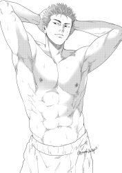Rule 34 | 1boy, abs, armpits, arms behind head, closed mouth, greyscale, highres, large pectorals, looking to the side, male focus, monochrome, muscular, muscular male, navel, nipples, om3632f, pectorals, sakuragi hanamichi, short hair, shorts, slam dunk (series), smile, solo, topless male, twitter username