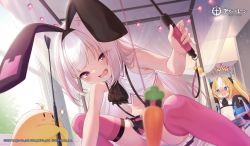 Rule 34 | 2girls, :d, ^^^, animal, animal ears, azur lane, bare arms, bare shoulders, bird, black headband, black skirt, blonde hair, blue eyes, blurry, blurry foreground, blush, carrot on stick, chick, commentary request, copyright name, copyright notice, covered navel, crop top, curtains, day, depth of field, eyes visible through hair, fake animal ears, feet out of frame, grey hair, headband, hobby (azur lane), holding, indoors, kalk (azur lane), kanya pyi, long hair, long sleeves, looking at viewer, manjuu (azur lane), multicolored hair, multiple girls, nose blush, official art, open mouth, panties, pink thighhighs, pleated skirt, rabbit ears, red eyes, riding crop, see-through, shirt, skirt, sleeves past fingers, sleeves past wrists, smile, suspender skirt, suspenders, thighhighs, twintails, two-tone hair, underwear, very long hair, white hair, white panties, white shirt, window
