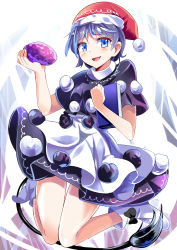 Rule 34 | 1girl, black dress, blob, blue eyes, blue hair, book, doremy sweet, dress, e.o., hat, highres, looking at viewer, matching hair/eyes, multicolored clothes, multicolored dress, nervous smile, nightcap, open mouth, pom pom (clothes), smile, solo, tail, tapir tail, touhou, white dress