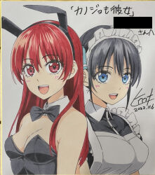 Rule 34 | 2022, 2girls, alternate costume, animal ears, apron, black bow, black bowtie, black hair, black hairband, black leotard, blue eyes, bow, bowtie, breasts, censored, censored text, cleavage, commentary request, dated, detached collar, enmaided, fake animal ears, female focus, hairband, hiroyuki, japanese text, kanojo mo kanojo, large breasts, leotard, long hair, maid, maid apron, maid headdress, marker (medium), matching hair/eyes, medium breasts, minase nagisa, multiple girls, open mouth, playboy bunny, red eyes, red hair, saki saki (kanojo mo kanojo), sidelocks, signature, smile, strapless, strapless leotard, traditional bowtie, traditional media, translation request