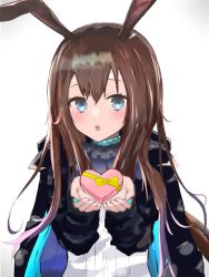 Rule 34 | 1girl, :o, amiya (arknights), animal ears, arknights, ascot, black jacket, blue ascot, blue collar, blue eyes, blush, box, brown hair, collar, hair between eyes, hands up, hayaoki daisuki, heart-shaped box, highres, holding, holding box, jacket, jewelry, long hair, long sleeves, looking at viewer, neck ring, rabbit ears, rabbit girl, shirt, simple background, solo, teeth, upper teeth only, white background, white shirt