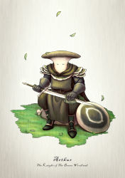 Rule 34 | 1boy, arthur knight of the dense woodland, belt, black footwear, black gloves, brown cape, cape, character name, cleaning, cleaning weapon, full body, fungus, gloves, goatgod, grass, highres, holding, holding sword, holding weapon, leaf, looking at viewer, male focus, mushroom, outdoors, pixiv fantasia, pixiv fantasia last saga, shield, sitting, solo, sword, weapon
