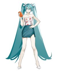 1girl alternate_costume aqua_eyes aqua_hair aqua_skirt bow brick full_body hair_bow hand_on_own_hip hatsune_miku highres holding long_hair parody sakaishun skirt standing tachi-e very_long_hair vocaloid white_footwear worldwide_miku