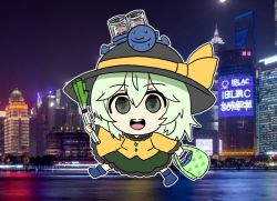 Rule 34 | 1girl, :d, beer can, black hat, blouse, blue footwear, building, buttons, can, chibi, city, city lights, cityscape, collared shirt, diamond button, drink can, eyeball, frilled shirt collar, frilled skirt, frilled sleeves, frills, full body, green bag, green eyes, green skirt, hair between eyes, hat, hat ribbon, highres, komeiji koishi, light green hair, long skirt, long sleeves, medium hair, night, night sky, open mouth, outdoors, outline, photo background, plant request, ribbon, round teeth, shirt, skirt, sky, skyline, skyscraper, sleeves past wrists, smile, solo, sweat, teeth, third eye, touhou, upper teeth only, walking, washiwa, wavy hair, white outline, wide sleeves, yellow ribbon, yellow shirt