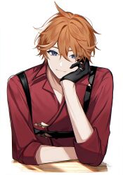 Rule 34 | 1boy, ahoge, belt, black belt, black gloves, blue eyes, closed mouth, collarbone, collared shirt, genshin impact, gloves, gold trim, hair between eyes, hand on own face, hand up, highres, jewelry, long sleeves, looking at viewer, male focus, orange hair, red shirt, ring, shadow, shirt, short hair, simple background, sitting, smile, solo, suspenders, table, tartaglia (genshin impact), white background, yui (linaw-key08)