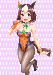 Rule 34 | 1girl, alternate costume, animal ears, aonuma kiyoharu, blush, breasts, brown hair, carrot, carrot background, cleavage, commentary request, food, hair between eyes, hair ornament, highleg, highleg leotard, highres, horse ears, horse tail, leg up, leotard, looking at viewer, medium breasts, medium hair, nontraditional playboy bunny, open mouth, pantyhose, playboy bunny, purple background, purple eyes, shoes, solo, special week (umamusume), strapless, strapless leotard, tail, umamusume
