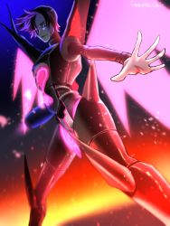 Rule 34 | 1boy, android, arm cannon, artist name, black hair, bodysuit, colored skin, detached legs, grey skin, heart, highres, iwanashi maiko, mettaton, mettaton neo, multicolored hair, outstretched hand, palms, purple hair, shoulder pads, skin tight, spoilers, standing, undertale, weapon