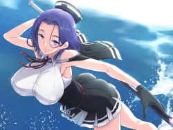 Rule 34 | 1girl, bifidus, black gloves, breasts, capelet, covered erect nipples, glaive (polearm), gloves, halo, kantai collection, large breasts, mechanical halo, parted lips, polearm, purple eyes, purple hair, short hair, skirt, solo, tatsuta (kancolle), tatsuta kai ni (kancolle), water