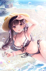 Rule 34 | 1girl, arm up, armpits, bare arms, bare shoulders, bikini, brown eyes, brown hair, brown hat, bubble, commentary request, day, flower, frilled bikini, frills, hat, hat flower, long hair, looking at viewer, nail polish, navel, nemuri nemu, original, outdoors, pink nails, plaid, plaid bikini, sand, side-tie bikini bottom, solo, sun hat, swimsuit, twintails, very long hair, water, white flower, yellow flower