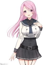 Rule 34 | 1girl, belt, belt buckle, black belt, black shirt, black skirt, blue sailor collar, blush, breasts, buckle, buttons, cosplay, cropped jacket, garter straps, hand on own chest, jacket, kantai collection, large breasts, long hair, long sleeves, luigi di savoia duca degli abruzzi (kancolle), multicolored hair, noshiro (kancolle), noshiro (kancolle) (cosplay), one-hour drawing challenge, open mouth, pink eyes, pink hair, red hair, sailor collar, shirt, signature, simple background, skirt, solo, streaked hair, white background, yamashichi (mtseven)
