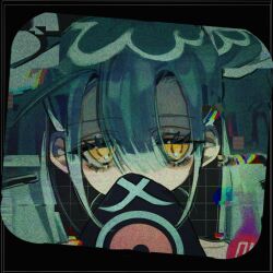 Rule 34 | 1girl, ao 6336, bags under eyes, bare shoulders, black background, black border, black sleeves, blue hair, border, collarbone, covering own mouth, creatures (company), film grain, game freak, ghost miku (project voltage), glitch, grid background, hair between eyes, half-closed eyes, hand over own mouth, hatsune miku, highres, long hair, long sleeves, looking to the side, nintendo, pokemon, portrait, project voltage, sleeves past fingers, sleeves past wrists, tareme, twintails, vocaloid, yellow eyes