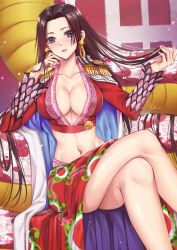 Rule 34 | 1girl, absurdres, black hair, blue eyes, blush, boa hancock, breasts, cape, cleavage, collarbone, commentary, cowboy shot, cropped jacket, crossed legs, earrings, epaulettes, groin, gu li, hand on own cheek, hand on own face, highres, holding, holding own hair, jacket, jewelry, large breasts, long hair, long sleeves, looking at viewer, midriff, navel, one piece, out of frame, parted bangs, parted lips, print sarong, red jacket, red sarong, salome (one piece), sarong, sidelocks, signature, sitting, smile, snake, snake earrings, solo focus, very long hair, white cape