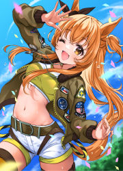 Rule 34 | 1girl, ;d, animal ears, arm up, belt, black ribbon, blue sky, blush, bow, breasts, cloud, commentary, confetti, cowboy shot, crop top, day, dog tags, ear ribbon, green belt, green jacket, groin, hair between eyes, highres, horse ears, horse girl, horse tail, jacket, long hair, long sleeves, looking at viewer, mayano top gun (umamusume), midriff, misekiss, navel, one eye closed, open clothes, open jacket, open mouth, orange hair, outdoors, ribbon, shirt, short shorts, shorts, sidelocks, sky, small breasts, smile, solo, standing, sweat, tail, thighhighs, two side up, umamusume, white shorts, yellow shirt, zipper