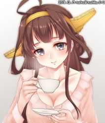 Rule 34 | 1girl, alternate costume, blouse, blush, breasts, brown hair, closed mouth, cup, double bun, gradient background, hair bun, headgear, highres, kantai collection, kongou (kancolle), large breasts, long hair, looking at viewer, nuka (nvkka), one-hour drawing challenge, plate, purple eyes, shirt, solo