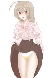 Rule 34 | 1girl, ahoge, blush, breasts, brown hair, brown skirt, embarrassed, eyebrows visible through hair, female focus, frilled shirt, frills, hands up, legs together, lifted by self, long hair, long sleeves, looking at viewer, nose blush, open mouth, original, panties, pee, peeing, peeing self, pink neckwear, pink shirt, red eyes, rokugatsu (mutuki rokugatu), shiny, shiny hair, shirt, shirt tucked in, short over long sleeves, short sleeves, sidelocks, simple background, skirt, skirt lift, small breasts, solo, standing, tears, teeth, textless, underwear, wet, wet clothes, wet panties, white background, white panties
