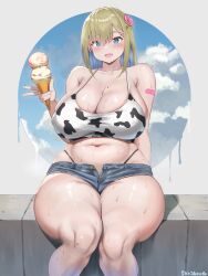 Rule 34 | 1girl, :d, animal print, arm support, aymusk, bandaid, bandaid on arm, bikini, bikini top only, bikini under shorts, black bikini bottom, blonde hair, blue eyes, blue hair, blue sky, breasts, cleavage, cloud, collarbone, colored inner hair, commentary, covered erect nipples, cow print, cow print bikini, denim, denim shorts, english commentary, fang, flower, food, freckles-chan (aymusk), grey background, hair between eyes, hair flower, hair ornament, highleg, highleg bikini, highres, holding, holding food, holding ice cream, holding ice cream cone, hot, huge breasts, ice cream, ice cream cone, long hair, looking at viewer, mismatched bikini, multicolored hair, nail polish, navel, open mouth, original, outdoors, panties, plump, print bikini, short shorts, shorts, sitting, skin fang, sky, smile, solo, stomach, sweat, swimsuit, two-tone hair, underwear, white bikini, wide hips