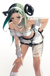 Rule 34 | 1girl, a.b.a, bandaged arm, bandages, bare shoulders, bent over, blue eyes, green hair, guilty gear, guilty gear strive, highres, key, leaning forward, long hair, skirt, solo