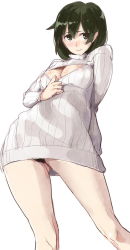 Rule 34 | 10s, 1girl, blush, breasts, cleavage cutout, clothing cutout, from below, hiryuu (kancolle), kantai collection, meme attire, open-chest sweater, poco (backboa), ribbed sweater, short hair, simple background, solo, sweater, turtleneck, white background