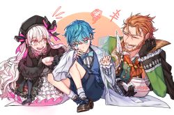 Rule 34 | 1girl, 2boys, ascot, bad id, bad pixiv id, beard, blue eyes, blue hair, bow, bowtie, brown footwear, cape, capelet, cup, currypang, doll joints, facial hair, fate/grand order, fate (series), frilled skirt, frills, hans christian andersen (fate), hat, joints, long hair, mob cap, multiple boys, nursery rhyme (fate), open mouth, pink eyes, pink hair, quill, red hair, shoes, shorts, skirt, smile, teacup, teapot, very long hair, william shakespeare (fate)