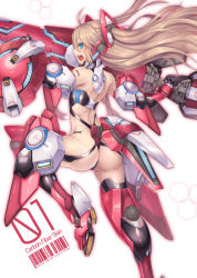 Rule 34 | 1girl, aqua eyes, ass, back, barcode, blonde hair, headgear, holding, holding sword, holding weapon, long hair, mecha musume, nidy, open mouth, original, solo, sword, weapon