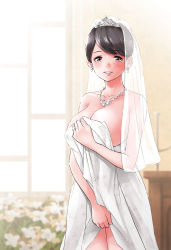 Rule 34 | 1girl, black hair, breasts, bridal veil, brown eyes, covering privates, covering breasts, dress, earrings, grin, highres, jewelry, large breasts, looking at viewer, necklace, original, shikishiro konomi, smile, solo, veil, wedding dress