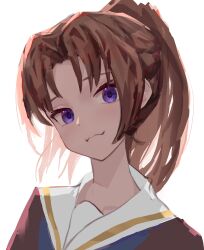 1girl :3 blue_neckerchief brown_hair brown_shirt hibike!_euphonium highres kitauji_high_school_uniform looking_at_viewer nakagawa_natsuki neckerchief ponytail purple_eyes sailor_collar sailor_shirt school_uniform serafuku shirt simple_background solo upper_body white_background white_sailor_collar wuschelminityp