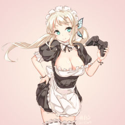 Rule 34 | 10s, 1girl, 2013, alternate costume, apron, aqua eyes, blonde hair, boku wa tomodachi ga sukunai, breasts, butterfly hair ornament, cleavage, controller, dated, detached collar, dualshock, enmaided, game console, game controller, gamepad, hair ornament, highres, junkpuyo, kashiwazaki sena, large breasts, long hair, maid, maid apron, maid headdress, pink background, playstation controller, simple background, smile, solo, standing, thighhighs, twintails, white thighhighs