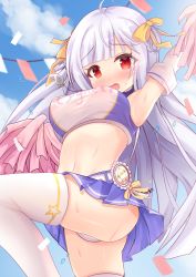Rule 34 | 1girl, azur lane, bare shoulders, breasts, cheerleader, collared shirt, cygnet (azur lane), cygnet (royal fanfare) (azur lane), elbow gloves, covered erect nipples, gloves, hair ribbon, highres, large breasts, long hair, looking at viewer, looking down, midriff, miniskirt, navel, panties, pantyshot, pom pom (cheerleading), red eyes, ribbon, shirt, skirt, solo, ss851251, sweatdrop, thighhighs, thighs, underwear, whistle, white gloves