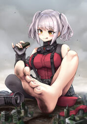 Rule 34 | :q, belorta (nikke), black gloves, breasts, clothing cutout, ebizome, feet, fingerless gloves, foot focus, giant, giantess, gloves, goddess of victory: nikke, grey hair, large breasts, licking lips, medium hair, red shirt, shirt, shoes, unworn shoes, short twintails, shoulder cutout, shoulder tattoo, sitting, tattoo, tongue, tongue out, twintails, yellow eyes