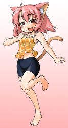 Rule 34 | 1girl, ahoge, animal ear fluff, animal ears, bad source, bare legs, barefoot, bike shorts, black bike shorts, black shorts, blush, camisole, cat ears, cat girl, cat tail, child, collarbone, eroneko-san, fang, female focus, full body, gradient background, ikune juugo, looking at viewer, midriff, midriff peek, naughty face, navel, open mouth, pink background, pink hair, print camisole, print clothes, red eyes, shorts, solo, tail, toes