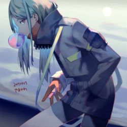 Rule 34 | androgynous, brown eyes, brown sweater, blowing bubbles, chewing gum, dated, expressionless, gender request, green hair, hand in pocket, holding, jacket, legs apart, long hair, lor968, making-of available, original, profile, sweater, turtleneck, turtleneck sweater
