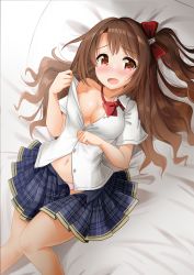Rule 34 | 1girl, bed, bed sheet, blush, bow, bowtie, breasts, brown eyes, brown hair, cleavage, collarbone, embarrassed, from above, hair between eyes, hair bow, highres, idolmaster, idolmaster cinderella girls, kibihimi, long hair, looking at viewer, medium breasts, midriff peek, navel, no bra, off shoulder, one side up, open mouth, panties, pillow, pink panties, pleated skirt, school uniform, shimamura uzuki, shirt, side ponytail, skirt, solo, unbuttoned, unbuttoned shirt, underwear, undressing, white shirt