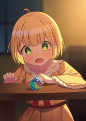 Rule 34 | + +, 1girl, ahoge, blonde hair, blush, bob cut, character request, child, copyright request, cowboy shot, dress, fingernails, green eyes, highres, indoors, long sleeves, looking at object, open mouth, orb, short hair, solo, yellow dress, yukiyama momo