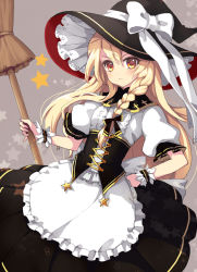 Rule 34 | 1girl, :&lt;, blonde hair, blush, bow, braid, broom, broom riding, brown eyes, corset, dress, embellished costume, female focus, hand on own hip, hat, juke, kirisame marisa, long hair, simple background, solo, star (symbol), symbol-shaped pupils, touhou, very long hair, witch, witch hat, wrist cuffs