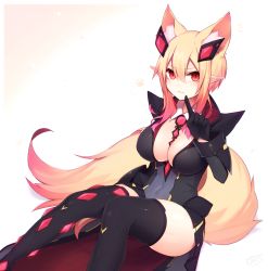 Rule 34 | 1girl, animal ear fluff, animal ears, asymmetrical legwear, bad id, bad twitter id, between breasts, black thighhighs, blonde hair, blush, breasts, cleavage, covered navel, dark falz apprentice, extra ears, female focus, fox ears, fox tail, gloves, gradient background, gradient hair, highres, index finger raised, large breasts, looking at viewer, mismatched legwear, multicolored hair, muryotaro, paw print, phantasy star, phantasy star online 2, pink hair, pointing, pointy ears, red eyes, short hair with long locks, signature, sitting, solo, tail, thighhighs