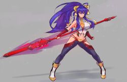 Rule 34 | 1girl, antenna hair, blazblue, blazblue: central fiction, blazblue variable heart, blue hair, boots, breasts, crop top, fingerless gloves, full body, genderswap, genderswap (mtf), gloves, hair between eyes, highres, hip vent, holding, holding polearm, holding spear, holding weapon, large breasts, long hair, mai natsume, midriff, pink eyes, polearm, ponytail, red gloves, sideboob, sidelocks, solo, spear, taobaka, weapon
