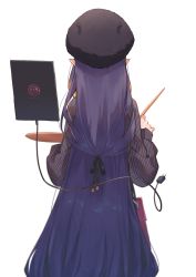 Rule 34 | 1girl, absurdres, ao-chan (ninomae ina&#039;nis), back, back focus, bag, from behind, handbag, hat, highres, hololive, hololive english, long hair, ninomae ina&#039;nis, ninomae ina&#039;nis (casual), paintbrush, palette (object), pointy ears, purple hair, shirt, solo, striped clothes, striped shirt, tablet pc, tsukino (nakajimaseiki), very long hair, virtual youtuber, white background