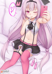 Rule 34 | 1girl, ;d, azur lane, bad id, bad pixiv id, bare arms, bare shoulders, bed sheet, belt, belt buckle, black bow, black hairband, black ribbon, black skirt, bow, buckle, cellphone, closed mouth, collared shirt, english text, female masturbation, fingernails, hair ribbon, hairband, hand up, heart, highres, hobby (azur lane), holding, holding phone, long hair, lying, masturbation, mind control, navel, on back, one eye closed, open mouth, outstretched arm, phone, pillow, pink belt, pink eyes, pink thighhighs, pleated skirt, purple hair, remote control vibrator, ribbon, selfie, sex toy, shirt, skirt, sleeveless, sleeveless shirt, smile, solo, spoken heart, thighhighs, tongue, tongue out, vahn yourdoom, very long hair, vibrator, white shirt