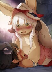 Rule 34 | 1boy, 1other, animal ears, blush, body fur, brown eyes, brown hair, dagashi (daga2626), furry, furry with non-furry, hat, highres, interspecies, long hair, looking at another, lying, made in abyss, nanachi (made in abyss), on back, open mouth, short hair, whiskers, white hair