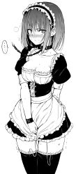 Rule 34 | ..., 1girl, absurdres, apron, blush, closed mouth, collar, cowboy shot, greyscale, highres, hoshizuki kaede, kaede to suzu, kyokucho, looking at viewer, love me, maid, maid headdress, monochrome, nose blush, original, puffy short sleeves, puffy sleeves, sex toy, short hair, short sleeves, sidelocks, simple background, solo, spoken ellipsis, thighhighs, trembling, vibrator, vibrator in thighhighs, vibrator under clothes, waist apron, white background