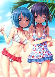 Rule 34 | 2girls, akemi homura, beach, bikini, bikini skirt, black hair, blue hair, blue skirt, blue sky, blush, breasts, cloud, cloudy sky, collarbone, commentary request, day, double v, grin, highres, looking at viewer, mahou shoujo madoka magica, mahou shoujo madoka magica (anime), medium breasts, microskirt, miki sayaka, multiple girls, one-piece swimsuit, outdoors, palm tree, parted lips, purple eyes, red skirt, revision, rin2008, short hair, sidelocks, skirt, sky, smile, standing, striped bikini, striped clothes, sweat, swimsuit, thighs, tree, v, wet, white one-piece swimsuit