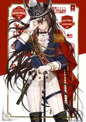 Rule 34 | 1girl, absurdres, alternate costume, american flag, amiya (arknights), anchor symbol, animal ear fluff, animal ears, arknights, armband, belt, belt buckle, blue jacket, boots, bow, bowtie, braid, brown hair, buckle, buttons, cane, cape, chinese commentary, clothing request, collared jacket, cowboy shot, dagger, earrings, english text, epaulettes, frills, glint, gloves, hand on cane, hand on headwear, hat, hat over one eye, high-waist pants, highres, jacket, jewelry, knife, light frown, long hair, medal, military hat, multicolored background, paneled background, pants, peaked cap, pinstripe pattern, pom pom (clothes), rabbit ears, rhodes island logo (arknights), sash, sheath, sheathed, sleeve cuffs, solo, stitches, striped, tagme, tassel, text background, thigh strap, very long hair, weapon, white gloves, yolanda (8349252)