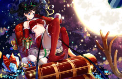 Rule 34 | 1girl, absurdres, antlers, ass, bare shoulders, black hair, blue eyes, blush, commentary, fate/stay night, fate (series), gift, highres, horns, kotatsu kaya, long hair, moon, navel, no shoes, red skirt, red thighhighs, reindeer antlers, ribbon, skirt, smile, solo, thighhighs, tohsaka rin, two side up