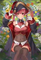 Rule 34 | 1girl, absurdres, arrow through heart, ascot, bare shoulders, belt, belt buckle, black coat, black hat, blush, breasts, brown leotard, brown thighhighs, buckle, cleavage, closed mouth, coat, covered navel, crop top, feet out of frame, flower, gloves, hair ribbon, haru yu, hat, highres, hololive, houshou marine, large breasts, leotard, leotard under clothes, long hair, looking at viewer, miniskirt, open clothes, open coat, pirate hat, plant, pleated skirt, red ascot, red eyes, red flower, red hair, red ribbon, red rose, red skirt, red vest, ribbon, rose, see-through, see-through cleavage, skirt, smile, solo, thighhighs, twintails, vest, virtual youtuber, white gloves, yellow eyes
