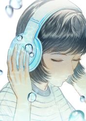 Rule 34 | 1girl, black hair, blue headphones, blue nails, bubble, closed eyes, commentary, english commentary, gavin (jypic), hand on headphones, headphones, highres, jewelry, nail polish, original, portrait, ring, shirt, short hair, solo, white background
