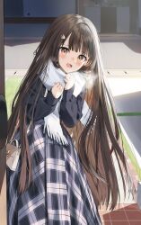 Rule 34 | 1girl, :d, bag, black shirt, breath, brown eyes, brown hair, commentary request, day, fringe trim, hands up, highres, long hair, long sleeves, looking at viewer, open mouth, original, outdoors, pentagon (railgun ky1206), plaid, puffy long sleeves, puffy sleeves, scarf, shirt, shoulder bag, sleeves past wrists, smile, solo, very long hair, white scarf