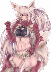 Rule 34 | 1girl, abs, animal ears, armor, blush, breasts, cleavage, garter belt, garter straps, large breasts, long hair, multiple tails, navel, original, panzer (p.z), red eyes, silver hair, solo, tail, vambraces, very long hair, white background