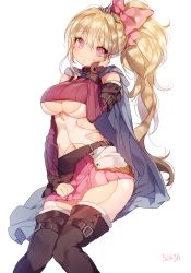 Rule 34 | 1girl, bad id, bad pixiv id, belt, blonde hair, boots, breasts, brown footwear, buckle, cape, chaps, detached sleeves, female focus, gem, hand on own face, head tilt, large breasts, long hair, looking at viewer, navel, original, pants, pants under skirt, pink eyes, ponytail, simple background, skirt, solo, sukja, text focus, thigh boots, thighhighs, tiara, underboob, white background